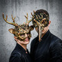 Ancient Woodland Stag & Bird Skull Couples Masquerade Mask Set - Gold Green