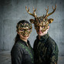 Enchanted Forest Spirit Stag & Skull Snake Couples Mask Set - Gold & Green
