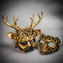 Enchanted Forest Spirit Stag & Skull Snake Couples Mask Set - Gold & Green