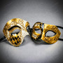 Black Gold Venetian Musical Eye Mask & Harlequin Phantom of the Opera Mask Couple Masquerade Set