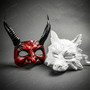 White Wolf Animal Mask & Red Devil Horn Demon Mask Couple Masquerade Set