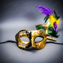 Handheld Mardi Gras Rose Feather Ball Stick Mask & Venetian Black Gold Half Face Mask Couple Masquerade Set