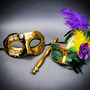 Handheld Mardi Gras Rose Feather Ball Stick Mask & Venetian Black Gold Half Face Mask Couple Masquerade Set