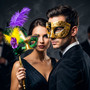 Handheld Mardi Gras Rose Feather Ball Stick Mask & Venetian Black Gold Half Face Mask Couple Masquerade Set