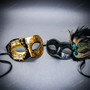 Gold Black Venetian Musical Half Mask & Black Peacock Feather Masquerade Couple Mask Set