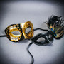 Gold Black Venetian Musical Half Mask & Black Peacock Feather Masquerade Couple Mask Set