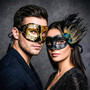 Gold Black Venetian Musical Half Mask & Black Peacock Feather Masquerade Couple Mask Set