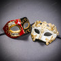 Red Black Venetian Musical Eye Mask & White Gold Winged Greek Warrior Masquerade Couple Mask Set