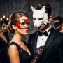 White Wolf Animal Mask & Red Black Venetian Musical Eye Mask Couple Masquerade Set