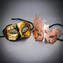 Gold Black Venetian Musical Half Mask & Rose Gold Filigree Butterfly Couple Masquerade Masks