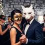 White Wolf Animal Mask & Black Gold Venetian Musical Eye Mask Couple Masquerade Set