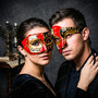 Red Gold Venetian Musical Half Face Mask & Phantom of the Opera Mask Couple Masquerade Set