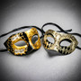 Venetian Gold Black Musical Mask & Silver Black Harlequin Half Face Masquerade Couple Mask Set