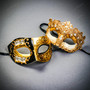 Black Gold Musical Venetian Half Mask & Gold Crystal Lace Eye Mask Couple Masquerade Set