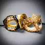 Black Gold Musical Venetian Half Mask & Gold Crystal Lace Eye Mask Couple Masquerade Set