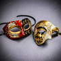 Red Black Venetian Musical Eye Mask & Gold Black Harlequin Phantom of the Opera Mask Couple Masquerade Set