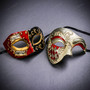 Venetian Red Black Musical Mask & Red Silver Harlequin Phantom of the Opera Masquerade Couple Mask Set