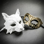 White Wolf Animal Mask & Silver Black Harlequin Venetian Masquerade Couple Mask Set