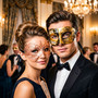 Black Gold Musical Venetian Mask & Rose Gold Filigree Eye Masquerade Couple Mask Set