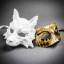 White Wolf Animal Mask & Gold Black Harlequin Venetian Masquerade Couple Mask Set