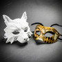 White Wolf Animal Mask & Gold Black Harlequin Venetian Masquerade Couple Mask Set