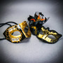 Gold Black Musical Venetian Mask & Feather Glitter Eye Mask Couple Masquerade Set