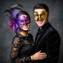 Gold Black Venetian Phantom Musical Half Face & Purple Lace Feather Masquerade Couple Mask Set