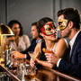 Venetian Red Black Musical Mask & Gold Black Harlequin Half Face Masquerade Couple Mask Set