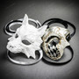 White Wolf Animal Mask & Silver Black Harlequin Phantom of the Opera Masquerade Couple Mask Set