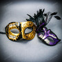 Gold Black Musical Venetian Mask & Purple Black Feather Eye Mask Couple Masquerade Set