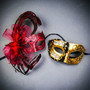 Gold Black Venetian Phantom Musical Half Face & Red Lace Feather Masquerade Couple Mask Set