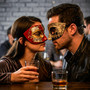 Venetian Red Black Musical Mask & Silver Black Harlequin Half Face Masquerade Couple Mask Set