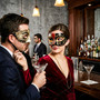 Venetian Red Black Musical Mask & Silver Black Harlequin Half Face Masquerade Couple Mask Set