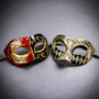 Venetian Red Black Musical Mask & Silver Black Harlequin Half Face Masquerade Couple Mask Set