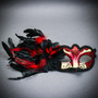 Gold Black Musical Venetian Mask & Red Black Feather Eye Mask Couple Masquerade Set