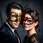 Gold Black Musical Venetian Mask & Red Black Feather Eye Mask Couple Masquerade Set