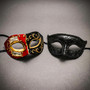 Red Black Venetian Phantom Musical Half Face & Black Glitter Ball Masquerade Couple Mask Set