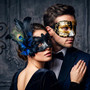 Black Gold Venetian Musical Eye Mask & Blue Black Feather Masquerade Couple Mask Set