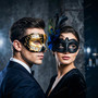 Black Gold Venetian Musical Eye Mask & Blue Black Feather Masquerade Couple Mask Set