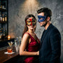 Red Black Venetian Phantom Musical Half Face & Blue Glitter Ball Masquerade Couple Mask Set