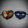 Red Black Venetian Phantom Musical Half Face & Blue Glitter Ball Masquerade Couple Mask Set