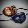 Red Black Venetian Phantom Musical Half Face & Blue Glitter Ball Masquerade Couple Mask Set