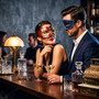 Red Black Venetian Phantom Musical Half Face & Blue Glitter Ball Masquerade Couple Mask Set