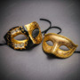 Gold Black Venetian Phantom Musical Half Face & Gold Glitter Ball Masquerade Couple Mask Set