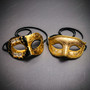 Gold Black Venetian Phantom Musical Half Face & Gold Glitter Ball Masquerade Couple Mask Set