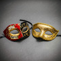 Red Black Venetian Phantom Musical Half Face & Gold Glitter Ball Masquerade Couple Mask Set