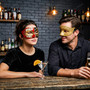 Red Black Venetian Phantom Musical Half Face & Gold Glitter Ball Masquerade Couple Mask Set