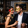 Red Black Venetian Phantom Musical Half Face & Gold Glitter Ball Masquerade Couple Mask Set