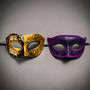 Gold Black Venetian Phantom Musical Half Face & Purple Glitter Ball Masquerade Couple Mask Set