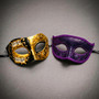 Gold Black Venetian Phantom Musical Half Face & Purple Glitter Ball Masquerade Couple Mask Set